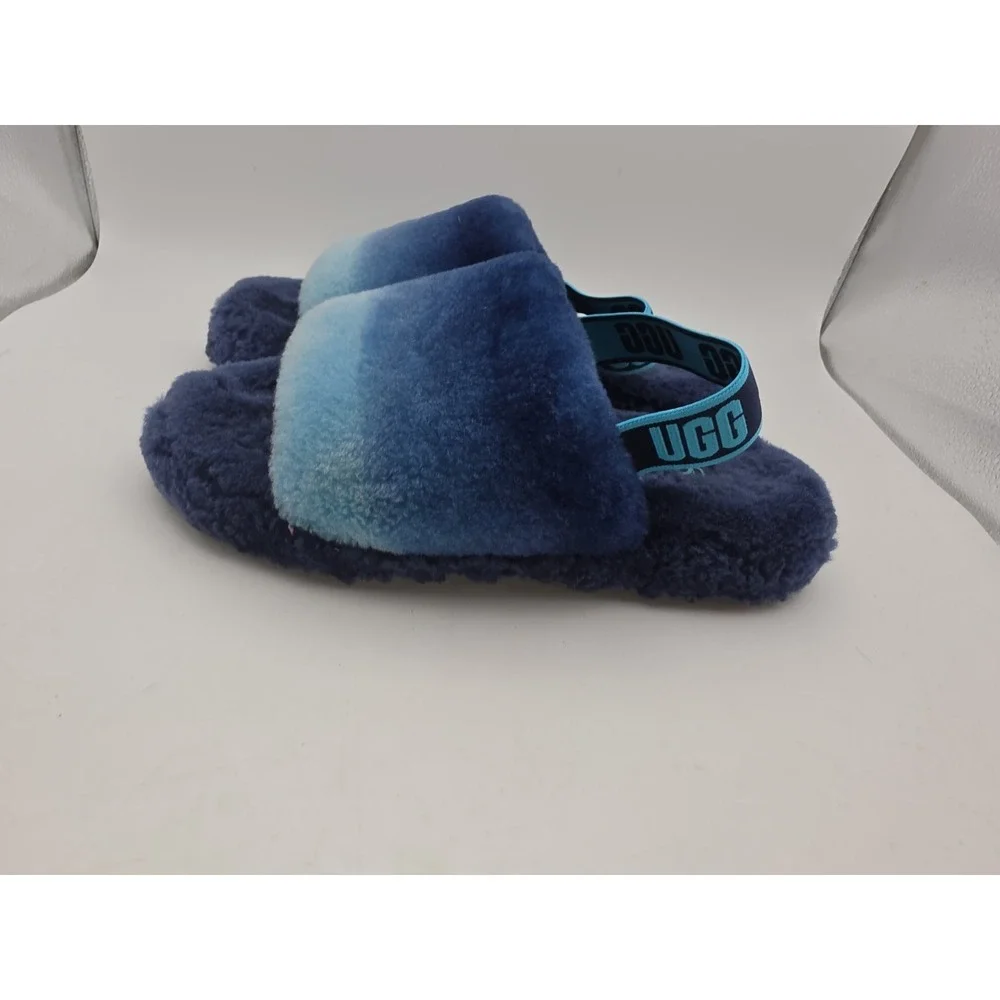 Women UGG Fluff Slides Bright Blue Slipper Size 4 w/ Straps